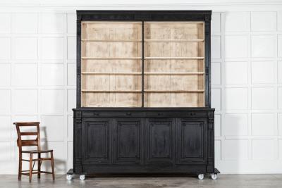 Pair Large 19thC English Ebonised Bleached Carved Oak Bookcases