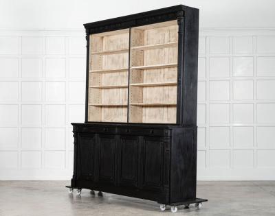 Pair Large 19thC English Ebonised Bleached Carved Oak Bookcases