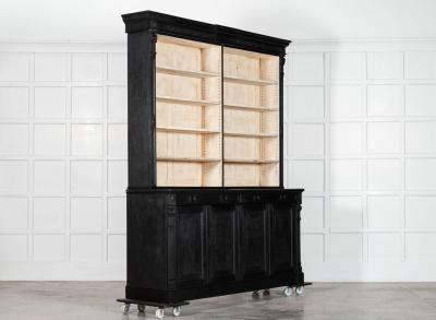 Pair Large 19thC English Ebonised Bleached Carved Oak Bookcases