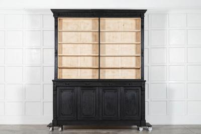 Pair Large 19thC English Ebonised Bleached Carved Oak Bookcases