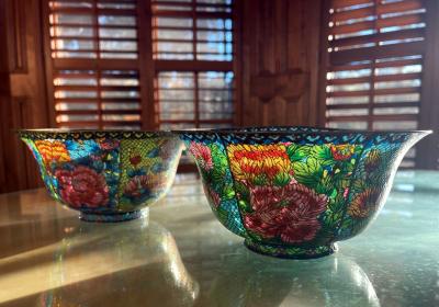 Pair Large Chinese Cloisonn Plique a jour Bowls