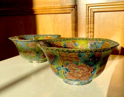 Pair Large Chinese Cloisonn Plique a jour Bowls