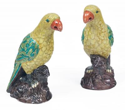 Pair Large Chinese Yellow Green Parrots