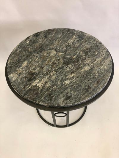 Pair Large French Modern Neoclassical Art Deco Iron Side Tables w Schist Tops