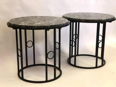 Pair Large French Modern Neoclassical Art Deco Iron Side Tables w Schist Tops