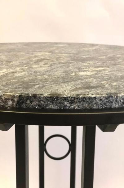 Pair Large French Modern Neoclassical Art Deco Iron Side Tables w Schist Tops