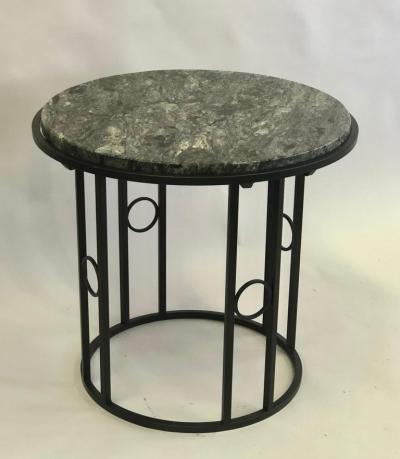 Pair Large French Modern Neoclassical Art Deco Iron Side Tables w Schist Tops
