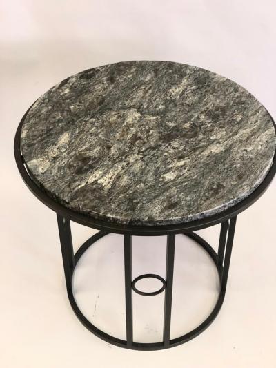 Pair Large French Modern Neoclassical Art Deco Iron Side Tables w Schist Tops