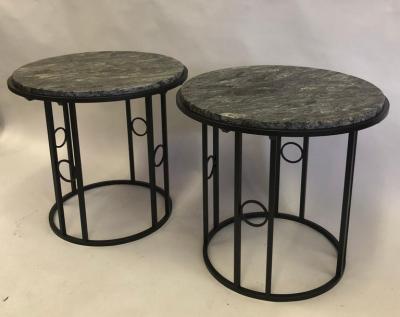Pair Large French Modern Neoclassical Art Deco Iron Side Tables w Schist Tops