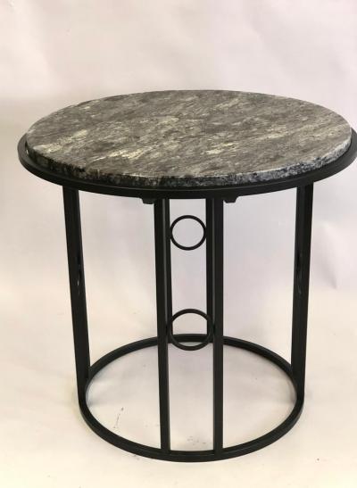 Pair Large French Modern Neoclassical Art Deco Iron Side Tables w Schist Tops