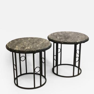 Pair Large French Modern Neoclassical Art Deco Iron Side Tables w Schist Tops