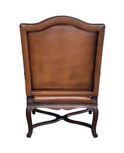 Pair Large French Regence Style Beechwood Leather Arm Chairs Fauteuils