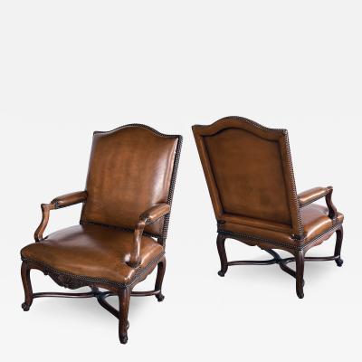 Pair Large French Regence Style Beechwood Leather Arm Chairs Fauteuils