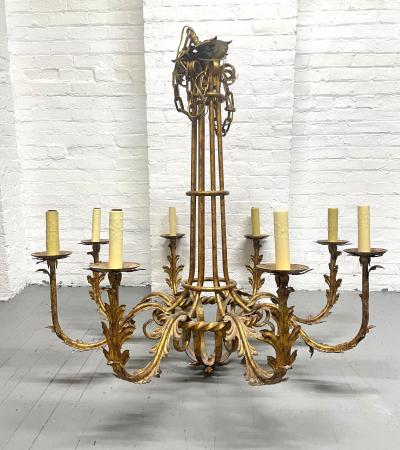Pair Large Gilt Metal 8 Arm Chandeliers