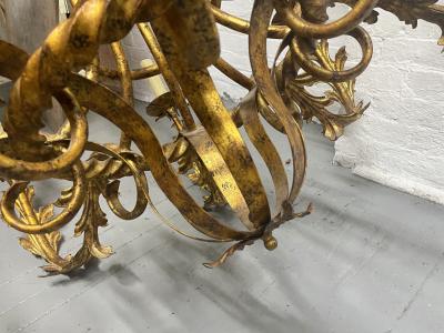 Pair Large Gilt Metal 8 Arm Chandeliers