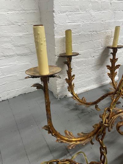 Pair Large Gilt Metal 8 Arm Chandeliers