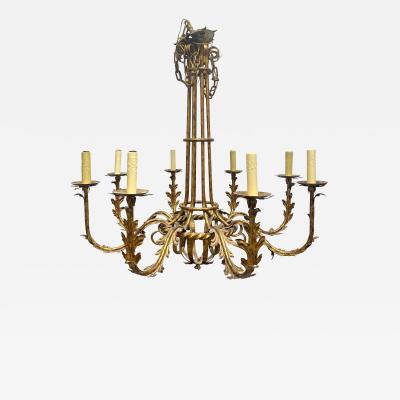 Pair Large Gilt Metal 8 Arm Chandeliers