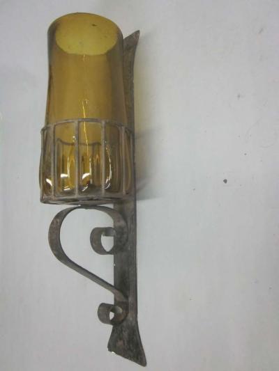 Pair Large Mid Century Modern Hand Blown Amber Glass Wrought Iron Wall Sconces