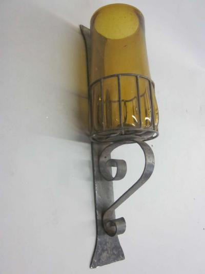 Pair Large Mid Century Modern Hand Blown Amber Glass Wrought Iron Wall Sconces