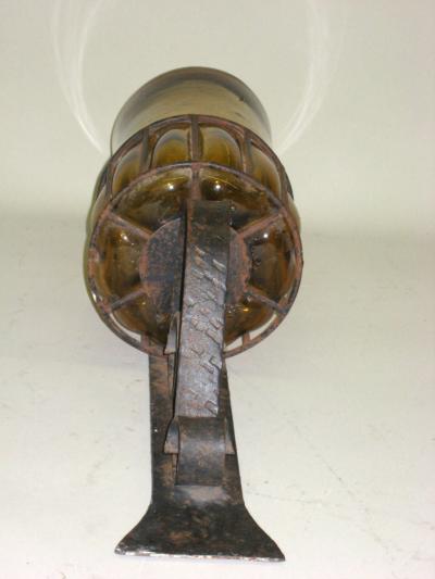 Pair Large Mid Century Modern Hand Blown Amber Glass Wrought Iron Wall Sconces