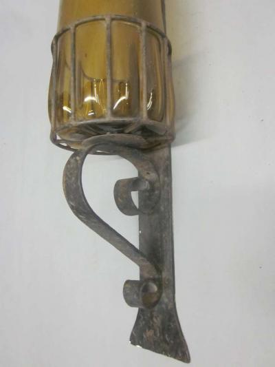 Pair Large Mid Century Modern Hand Blown Amber Glass Wrought Iron Wall Sconces