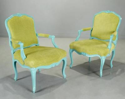 Pair Louis XIV Style Turquoise Painted Armchairs
