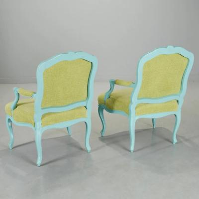 Pair Louis XIV Style Turquoise Painted Armchairs