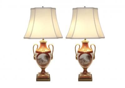 Pair Louis XVI Style French Porcelain Dore Bronze Table Lamps