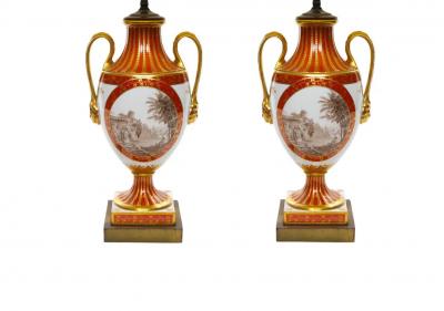Pair Louis XVI Style French Porcelain Dore Bronze Table Lamps