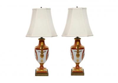 Pair Louis XVI Style French Porcelain Dore Bronze Table Lamps