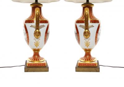 Pair Louis XVI Style French Porcelain Dore Bronze Table Lamps