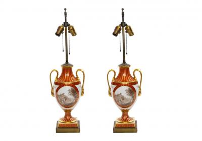 Pair Louis XVI Style French Porcelain Dore Bronze Table Lamps