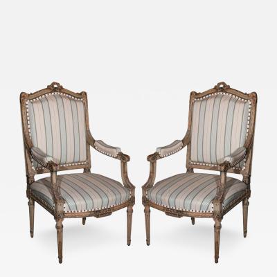 Pair Louis XVI Style Maison Jansen Fauteuils Arm Chairs Distress Painted Frames