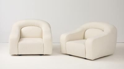Pair Lounge Chairs Attributed to George Bighinello for Eurosalotto Ivory Boucle