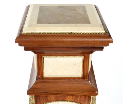 Pair Mahogany Wood Faux Marble Panels Pedestal Tables