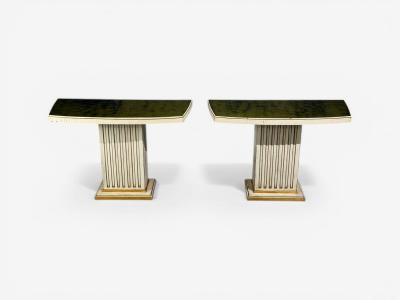 Pair Maison Jansen Painted and Eglomise Emerald Green Glass Top Console Tables