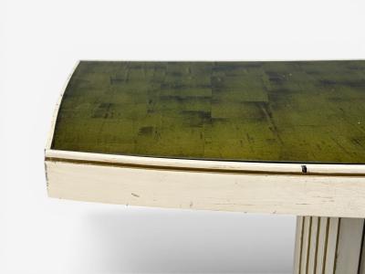 Pair Maison Jansen Painted and Eglomise Emerald Green Glass Top Console Tables