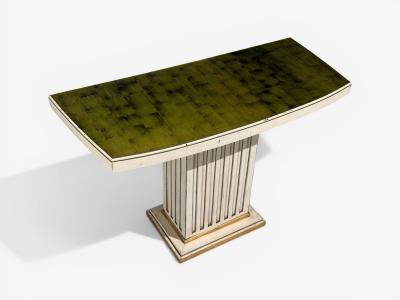 Pair Maison Jansen Painted and Eglomise Emerald Green Glass Top Console Tables