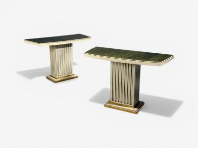 Pair Maison Jansen Painted and Eglomise Emerald Green Glass Top Console Tables