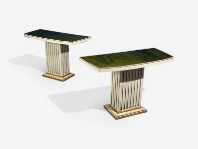 Pair Maison Jansen Painted and Eglomise Emerald Green Glass Top Console Tables