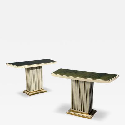 Pair Maison Jansen Painted and Eglomise Emerald Green Glass Top Console Tables