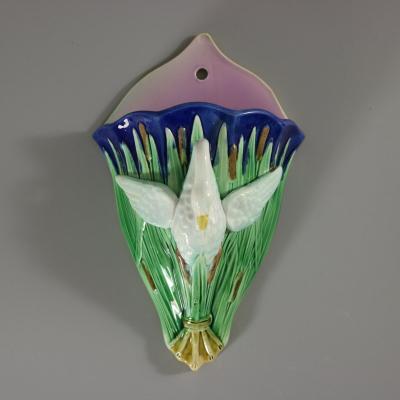 Pair Majolica Swan Wall Pockets