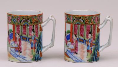Pair Mandarin Famille Rose Mugs Circa 1860