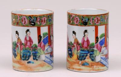 Pair Mandarin Famille Rose Mugs Circa 1860