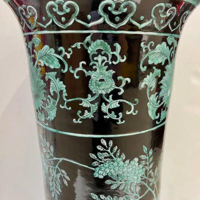 Pair Mid 20th Century Chinese Export Jet Black Green Porcelain Tall Roll Vases