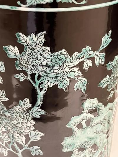 Pair Mid 20th Century Chinese Export Jet Black Green Porcelain Tall Roll Vases