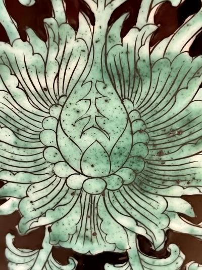 Pair Mid 20th Century Chinese Export Jet Black Green Porcelain Tall Roll Vases