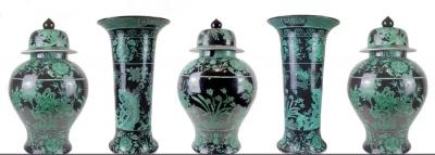 Pair Mid 20th Century Chinese Export Jet Black Green Porcelain Tall Roll Vases