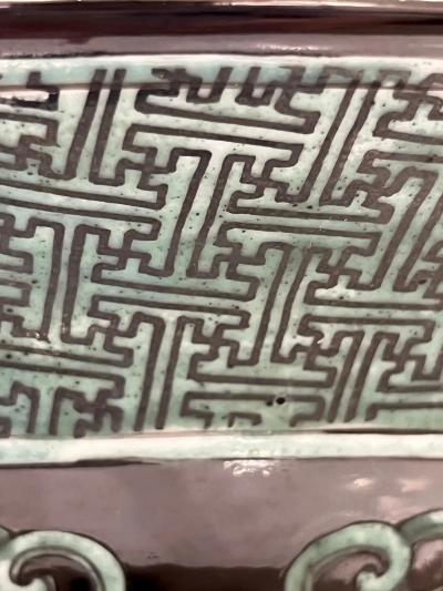 Pair Mid 20th Century Chinese Export Jet Black Green Porcelain Tall Roll Vases