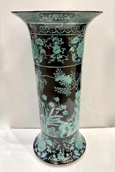 Pair Mid 20th Century Chinese Export Jet Black Green Porcelain Tall Roll Vases